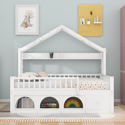 Wood House Bed with Cubby, LED Lighting, Guardrails and Drawer