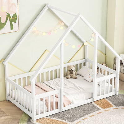 Twin Floor Bed With Wood House-shaped Construction And Guardrails In White - Pine For A Peaceful Night Fence Long-lasting