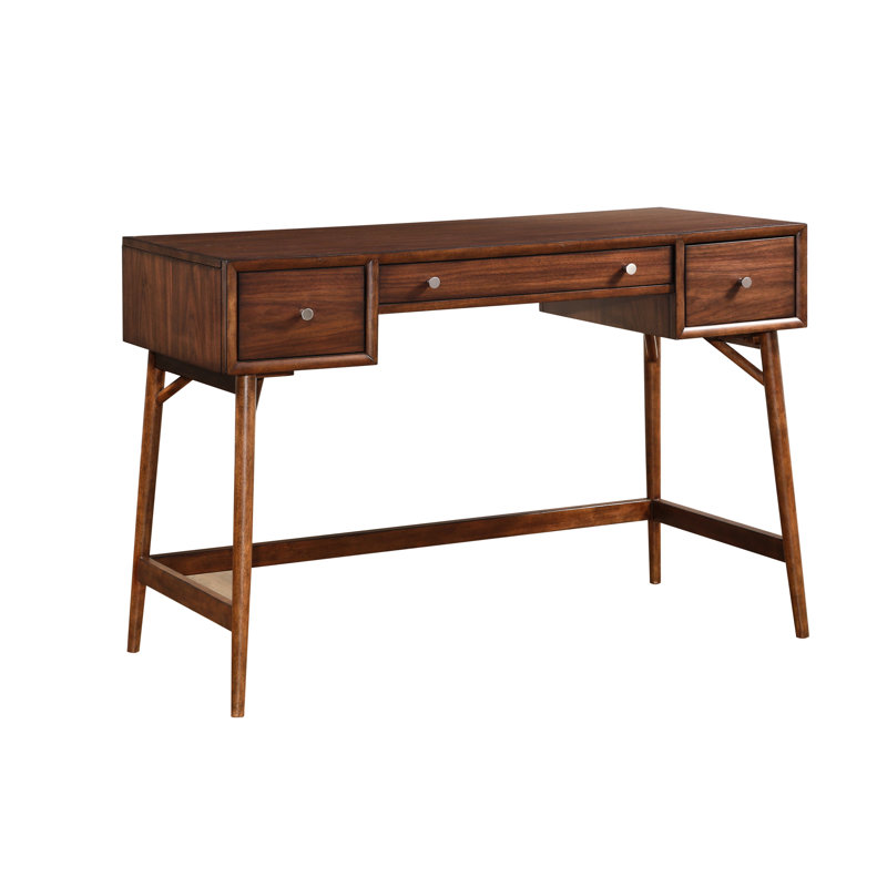Counter Height Writing Desk In Brown With Walnut Veneer And Storage Shelves Finished Mid-century Look
