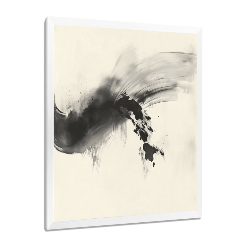 Peinture abstraite minimaliste « Lavis d'encre fluide noir et gris II » encadrée, H 32 po x l 16 po, White Picture Framed