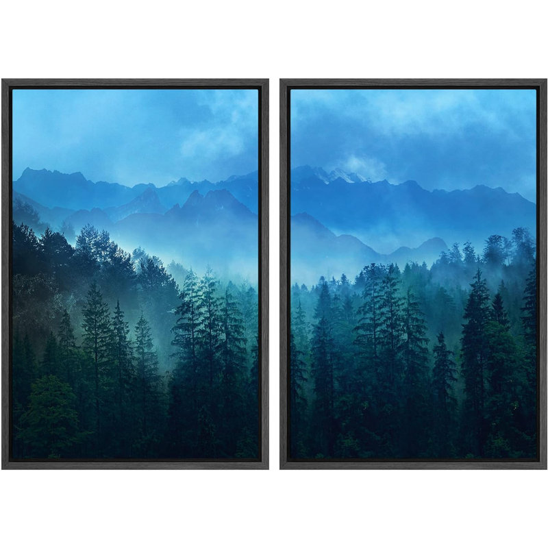 «Deep Blue Mountain Range Misty Forest Nature Rustic Landscape», impression sur toile, 2 pièces, H 24 po x l 32 po x P 1,5 po