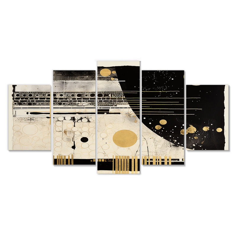 Or, noir, blanc, dimanche, Jazz I - Collages abstraits, art mural sur toile, 5 pièces, H 32 po x l 60 po