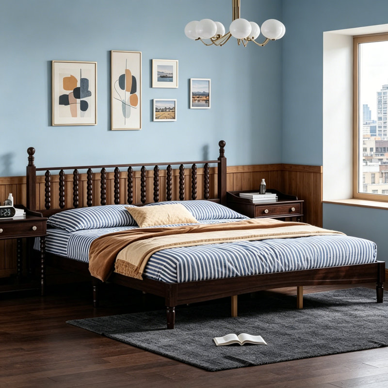 Lit plateforme très grand en bois avec tête de lit en forme de gourde, support de lattes en bois de style rétro, finition noyer