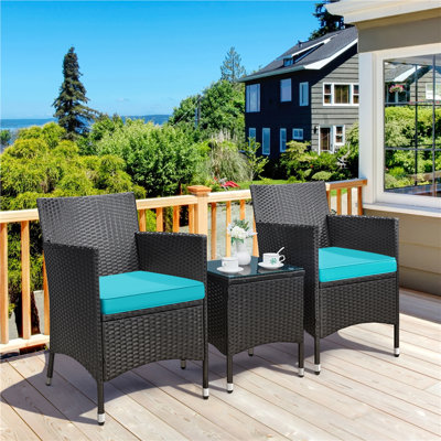 2-Person Rattan Furniture Set with Tempered-glass Top Table and 2 Cushioned Chairs