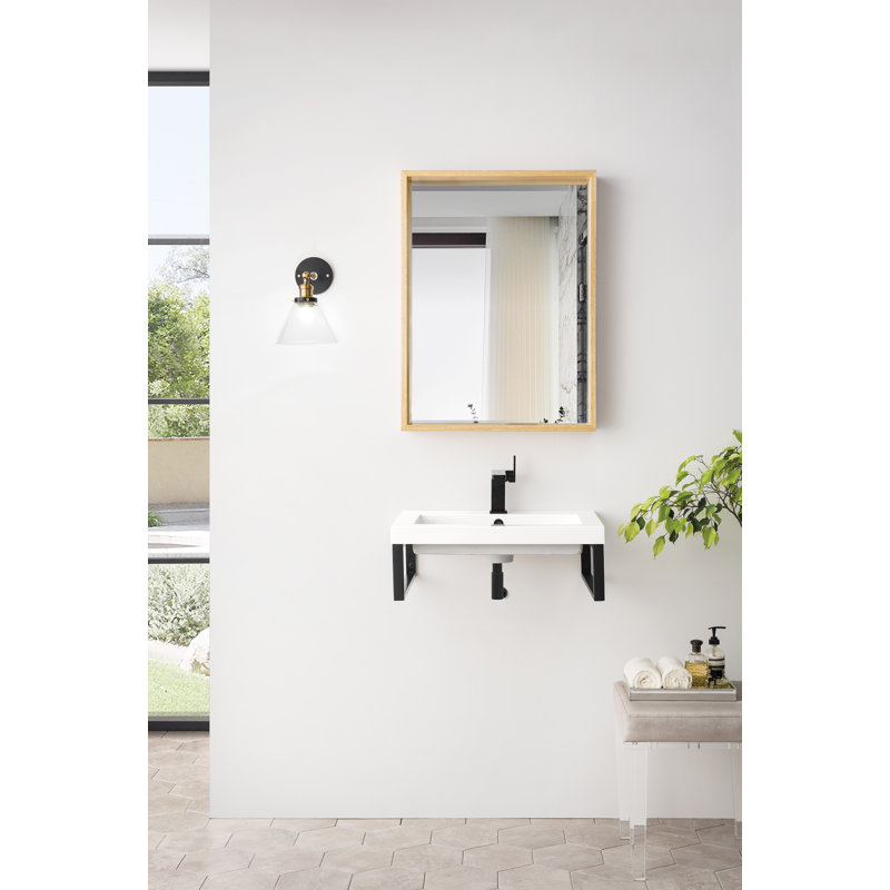 Boston Glossy White Resin Rectangular Wall Mount Bathroom Sink with Overflow, Radiant Gold