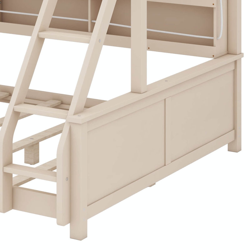 Twin XL Over Queen Bunk Bed With Built-In Racks, Adjustable Lights And Pegboard, Beige