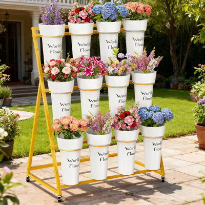 3-Tier Metal Flower Display Stand With Buckets, Heavy Duty Rolling Flower Cart With Locking Wheels For Indoor Outdoor Use In Gardens Florists Weddings And Events