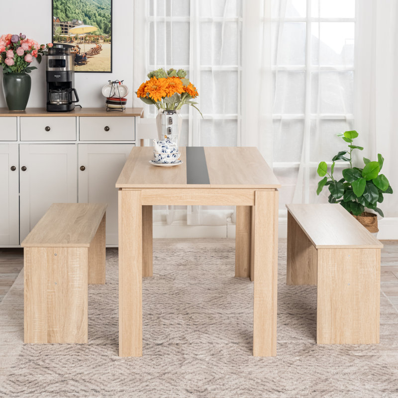 Ensemble de table de salle à manger en bois pour 4 personnes avec 2 bancs, Oak, Oak/Black, 29.50”H x 47.20”L x 27.60”W