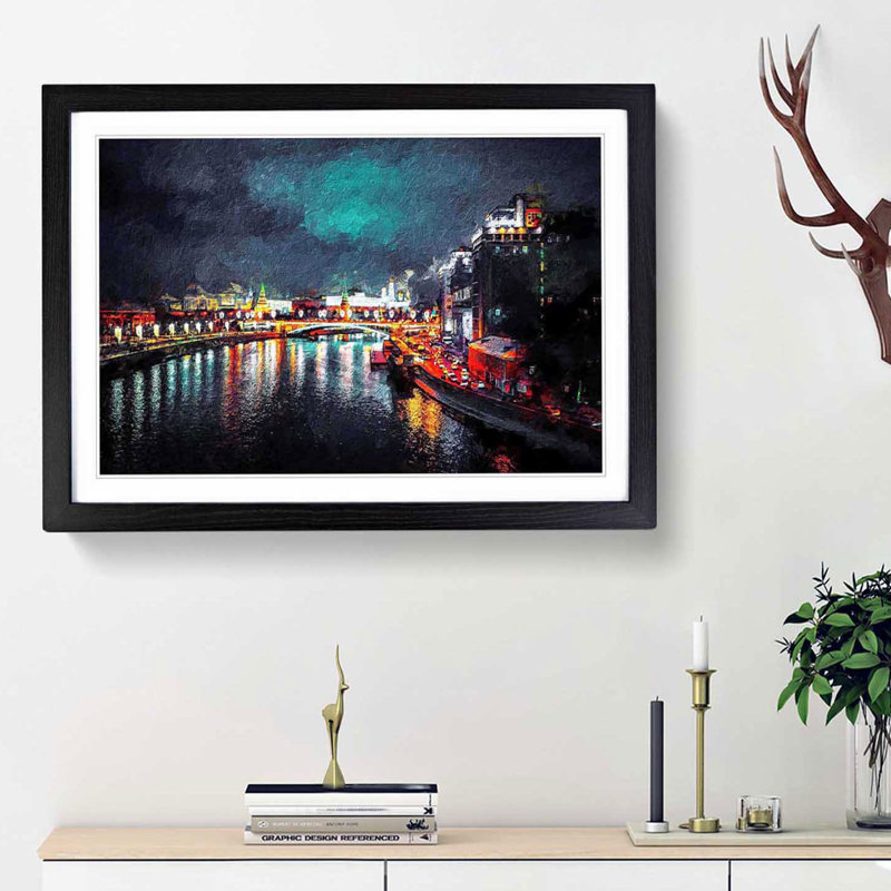 Moscow at Night - Picture Frame Painting Print, 36cm H x 48cm W x 2cm D, Black Framed