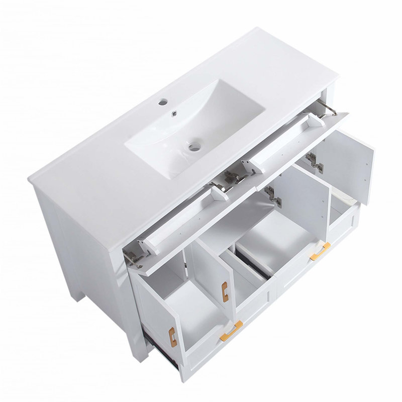 Ensemble de meuble-lavabo 48 po avec lavabo en céramique, armoire de rangement abondante, 4 portes à fermeture douce et 4 tiroirs