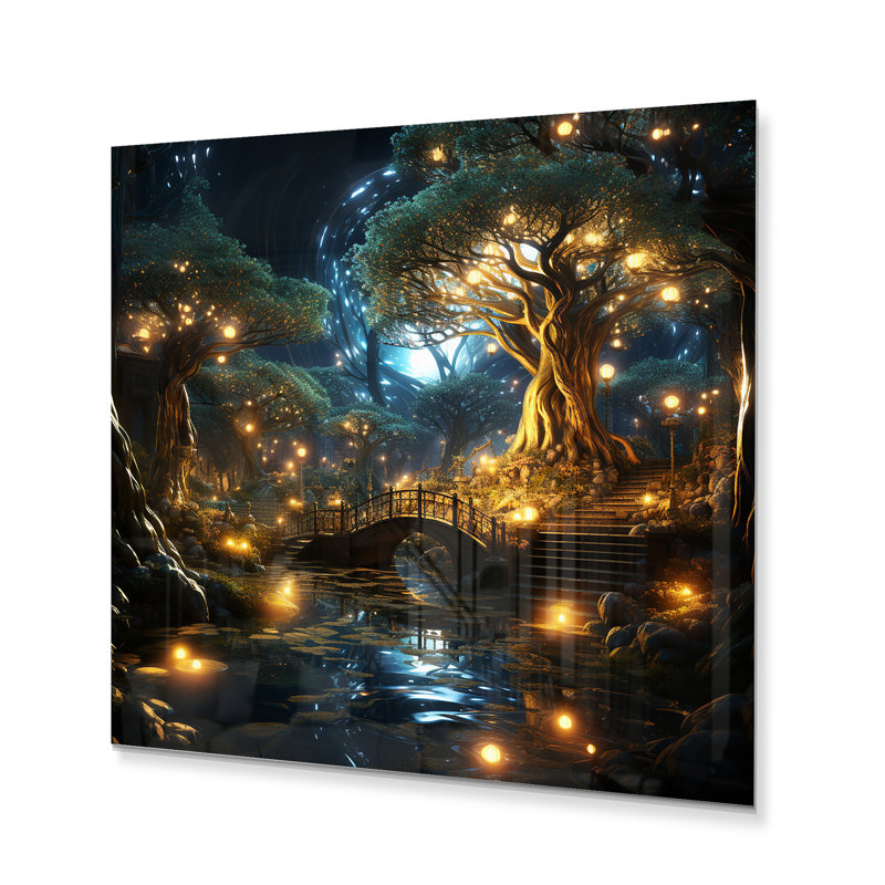 Or abstrait bleu sarcelle, fractale, oasis enchantée - art mural moderne en métal, H 36 po x l 36 po x P 1 po