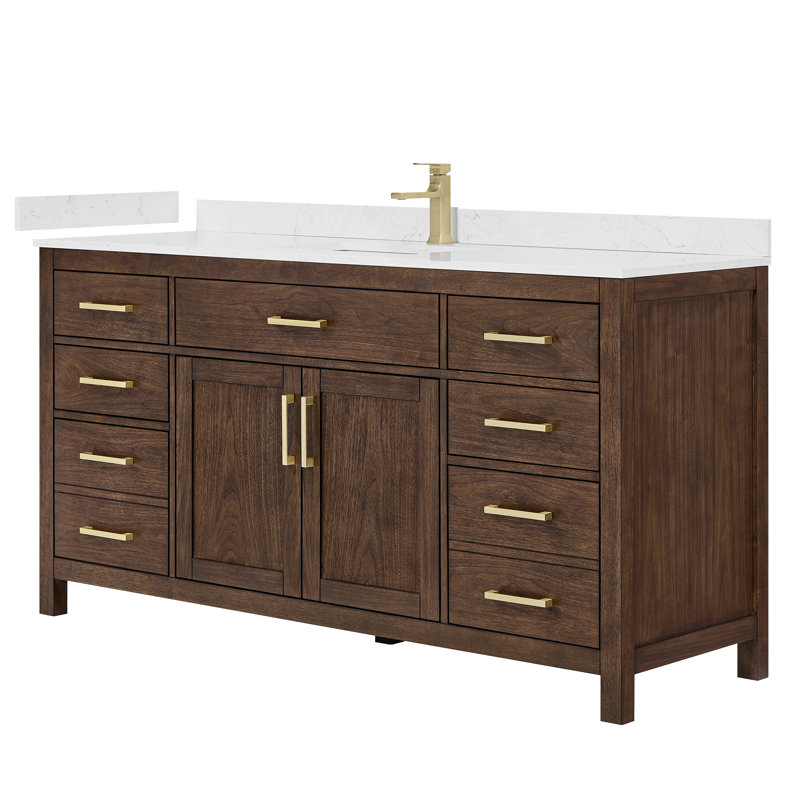 Beckett 66" Freestanding Single Bathroom Vanity with Cultured Marble Top, Whitewashed Oak, Brushed Gold