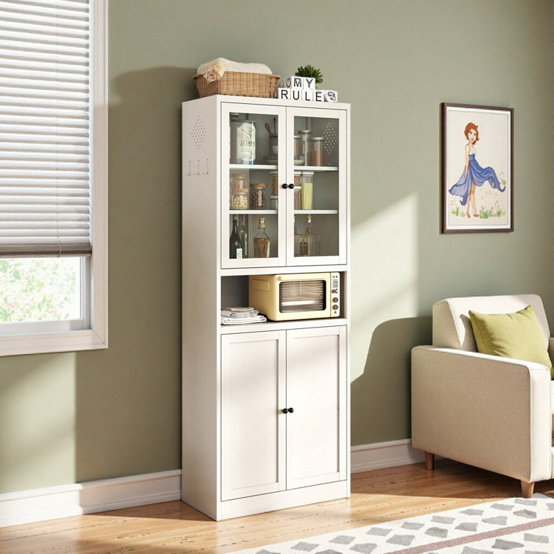 Grand garde-manger en métal blanc de 72 po avec portes en verre - structure en acier inoxydable robuste, tablettes réglables, rangement pour cuisine et salle de bain autoportant