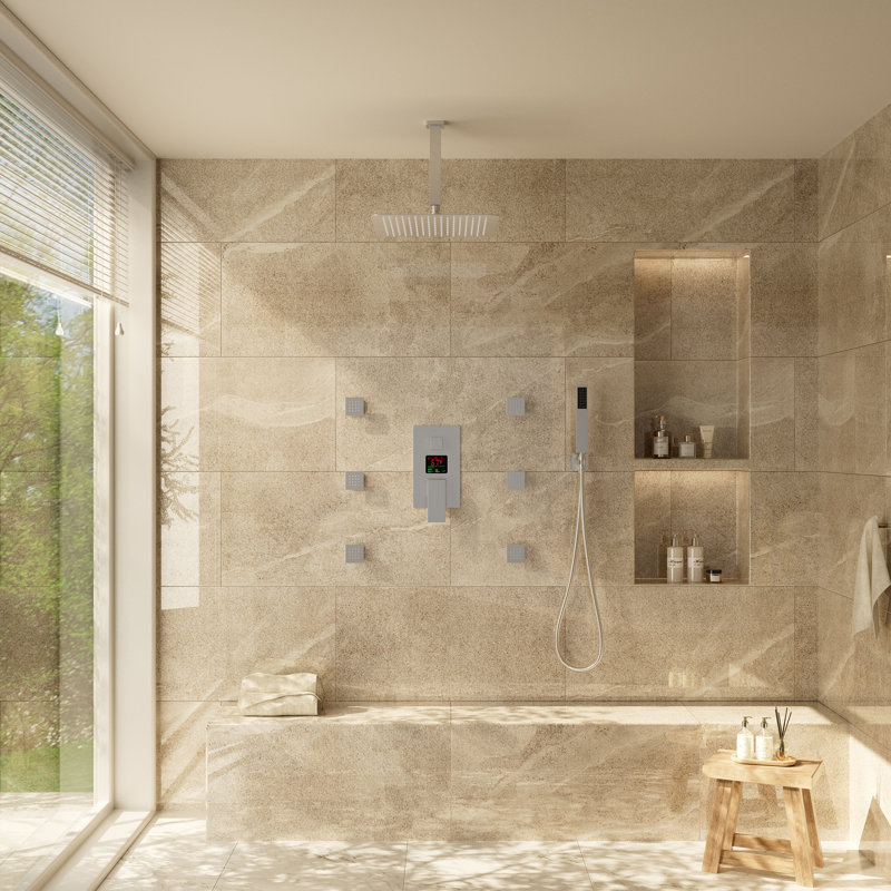 Ceiling Mounted Pressure Balanced Luxury Complete Shower System with Digital Display and Rough-in Valve, Brushed Nickel