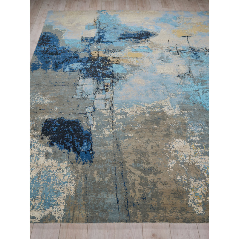 Picasso hand-knotted Wool/Silk Blue/Silver/Black Area Rug, 10'X14'