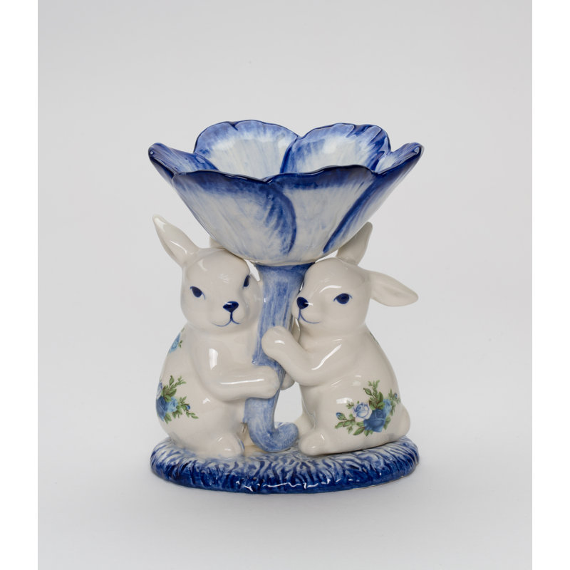 Easter Rabbits Candy Dish With Blue Roses