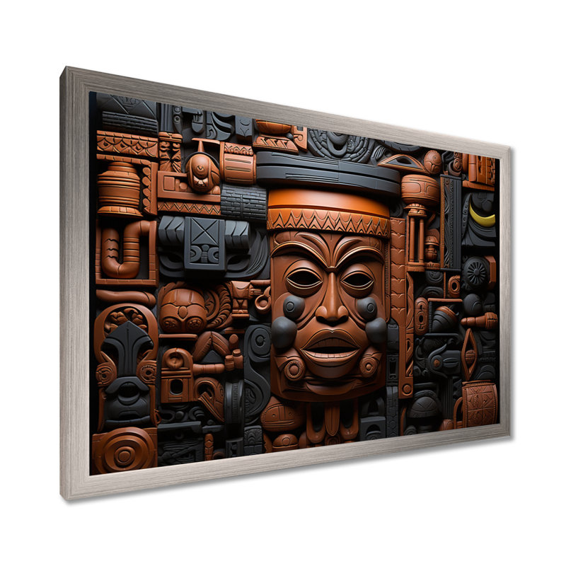 Masque africain brun et noir à motif de Kuba - Masque africain grand art mural, Cadre de coin argenté fermé