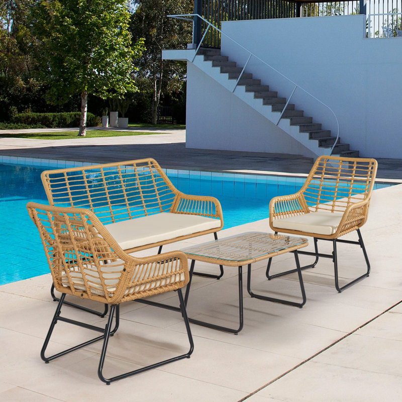Ensemble de canapés d'extérieur en rotin Gonneke 4 pièces avec coussins, Beige