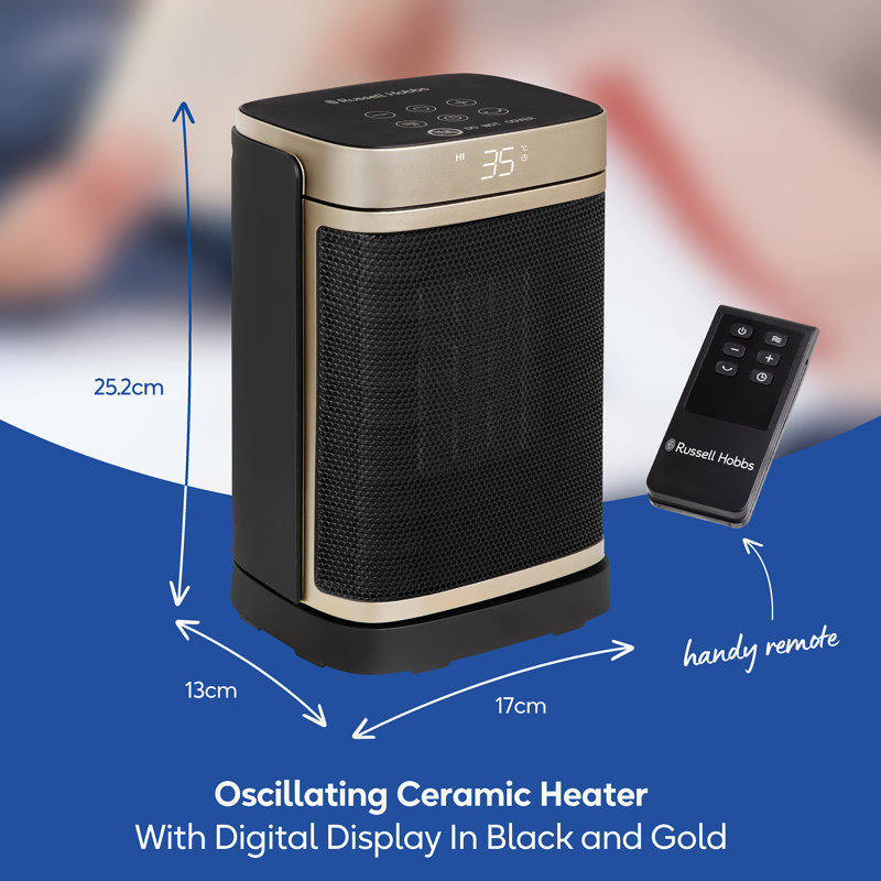 Russell Hobbs Rhch2001g 1.5kw Oscillating Ceramic Heater In Black And Gold Square Design