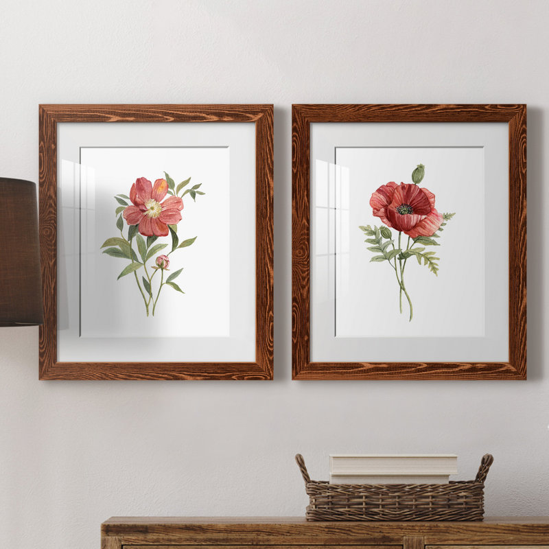 Pivoine écarlate - ensemble de 2 reproductions d'art, H 20 po x l 17 po x P 1 po, Papier avec cadre érable, Blanc