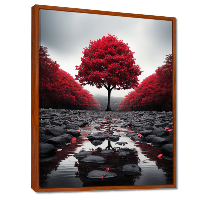 Rouge et gris forêt sérénité - art mural forêt, H 40 po x l 30 po x P 1,5 po, Cadre flottant brun