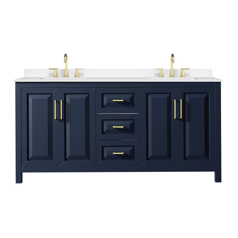 Meuble-lavabo double 72 po avec plateau en quartz Daria, Quartz Giotto, Bleu, Or brossé