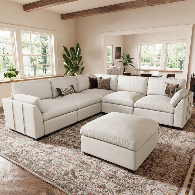 Modular L-Shaped Sectional with Removable Ottoman , Beige Velvet