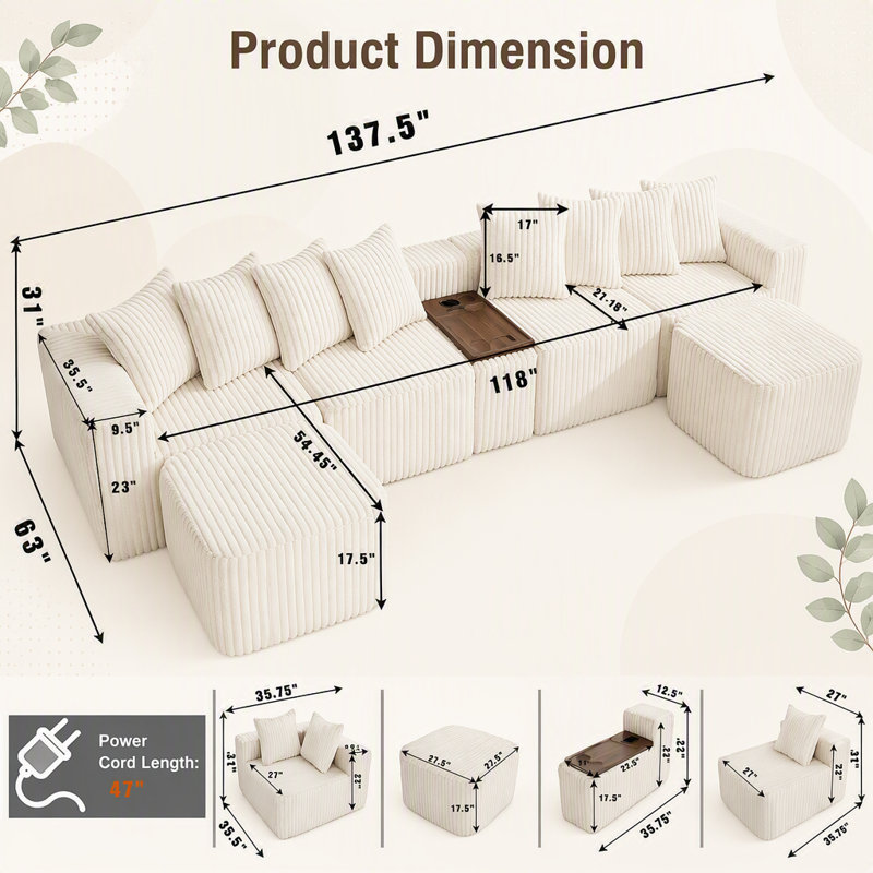 Canapé en U 137,5 po, charge USB et sans fil, table basse avec porte-gobelet, canapé mobile surdimensionné, repose-pieds mobile, 6 sièges, velours côtelé, beige