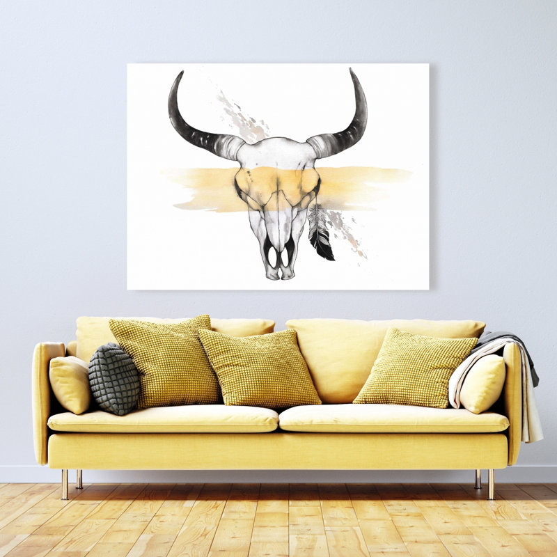 Crâne de vache avec plume - Toile animaux rustiques, H 48 po x l 36 po