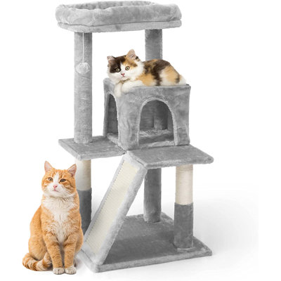 Cat tower for indoor cats, 37-inch small cat tree with widened perch for large cats and kittens, multi-level cat activity tree with scratching posts and ramp, Light Grey