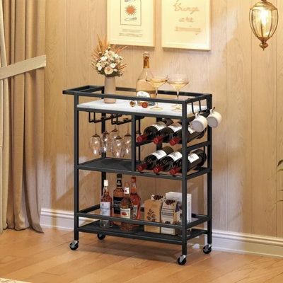 3-Tier Heavy-Duty Rolling Serving Cart With Wine Rack & Glass Holder, Sturdy Metal Frame & Wood Construction, Multi-Tier Beverage Cart With Lower Stor by Orren Ellis