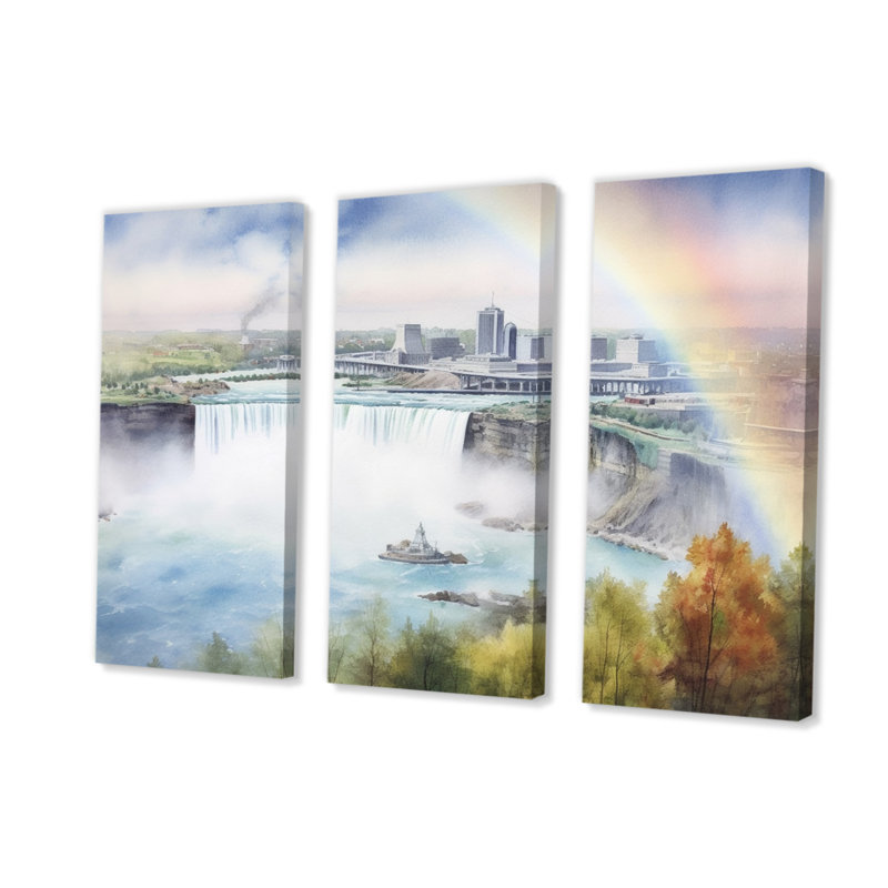 " Nigara Falls Dreams Waterfall I " 3 - Pieces, 28" H x 36" W x 1" D, Wrapped Canvas