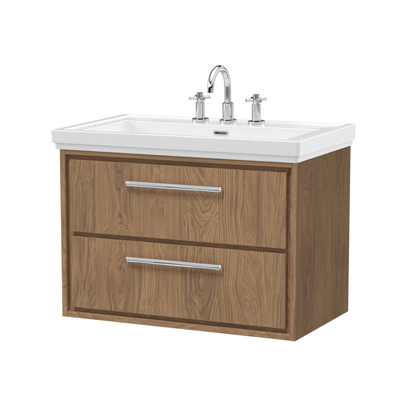Hudson Reed Lille 800mm Antique Oak 2 Drawer  Wall Hung Vanity Unit With 3 Tap Holes Fireclay Basin, Antique Oak, 83cm W