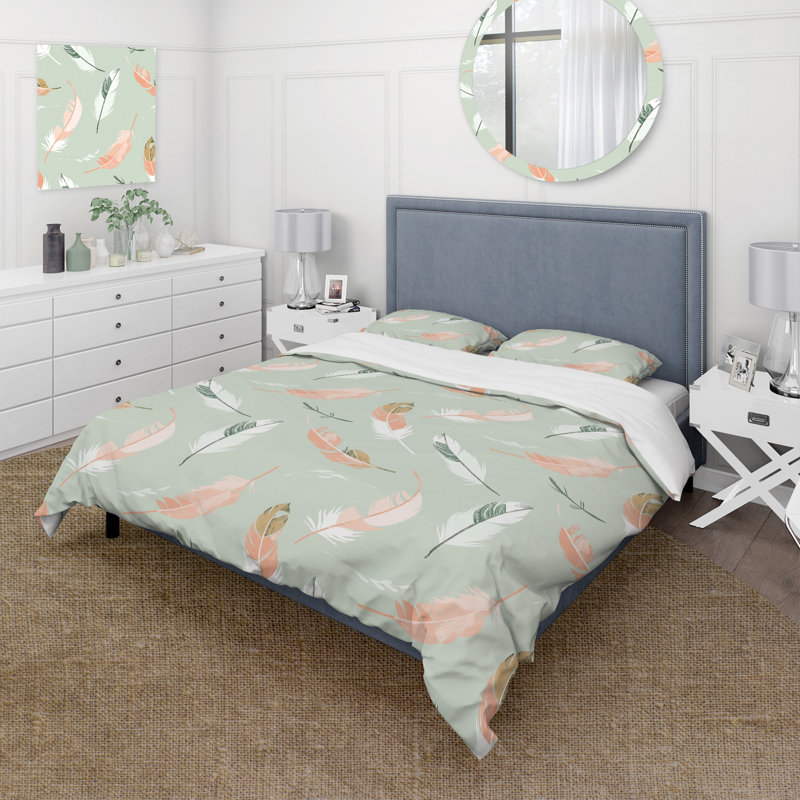 Ensemble de housse de couette rose, vert, bohémien et plumes II - Boho, Housse de couette très grand + 2 taies décorativ