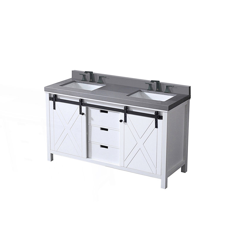 60 po X P 22 po Ensemble de meuble-lavabo double D avec comptoir en quartz gris et robinet, Blanc, Gris