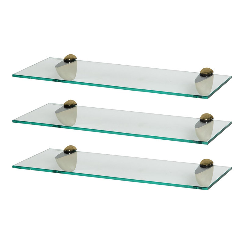 Harbour Housewares - Floating Glass Shelves with Metallic Brackets - Set of 3, 13 H x 50 W x 0.5 D cm, Gold