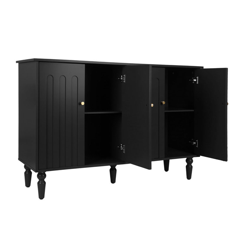 Buffet d'appoint à 4 portes cintrées de 119 cm (47 po) avec poignées en laiton – Meuble de rangement moderne et traditionnel pour salle à manger et salon, noir