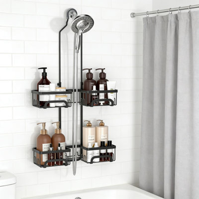 Adjustable Over-The-Showerhead Caddy Organizer With Split Design For Handheld Showers, Rustproof Storage With Hooks And Soap Holder