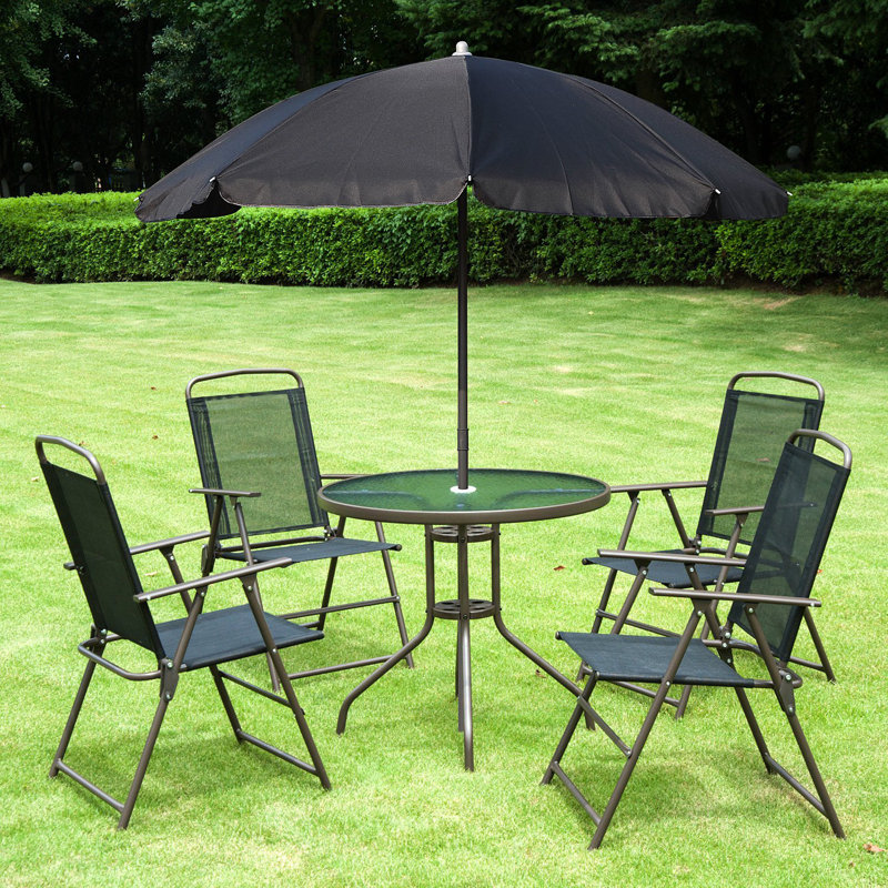Vigil 6 Piece Garden Dining Set with Umbrella and Parasol, Black