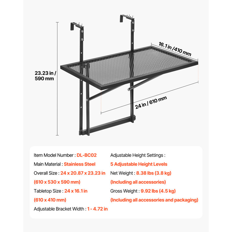 Table de terrasse d'extérieur 19 x 24 po Balcon