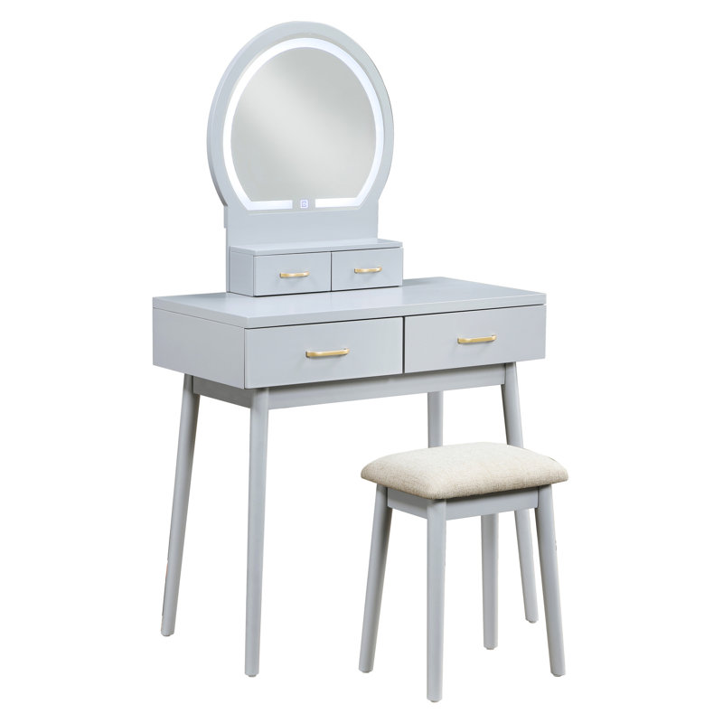 Elegant Gray Vanity Dresser With Led Lighted Mirror, 4 Drawers And Stool For Bedroom Luxury Decorative Piece Finish Padded Personalization