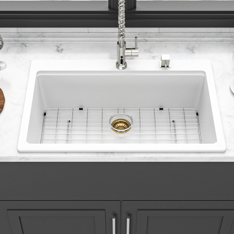 White Quartz Kitchen Sink 33" X 22" - Drop In Workstation, Smooth And , Comes With Cutting Board Installation Guide Non Scratching, Includes Bottom Grid Template