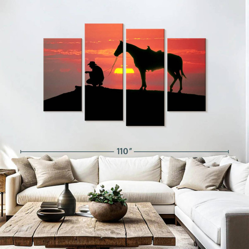 Cowboy de Brampt au coucher du soleil, H 54 po x l 84 po
