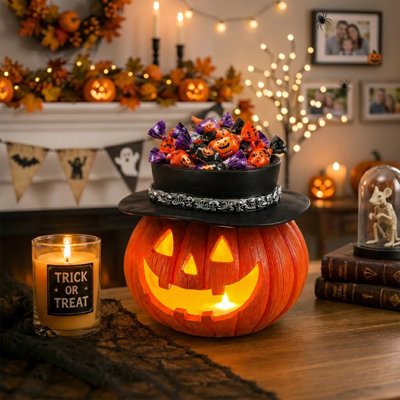 Halloween Resin Light Up Pumpkin Candy Bowl with Witch Hat, LED Glowing Jack-O'-Lantern Storage Container, Spooky Tabletop Centerpiece Decor for Home Party