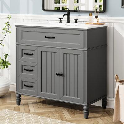 Meuble-lavabo de salle de bain rétro classique 36 po avec lavabo, planche, charnières en métal, deux tiroirs, portes, conception autoportante, un paquet