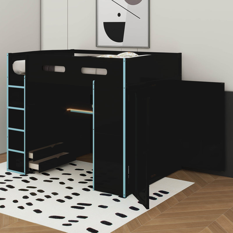 Full Size Wood Loft Bed With Desk,Wardrobe,Ample Storage Space,And RGB LED Light, Cloud Blue