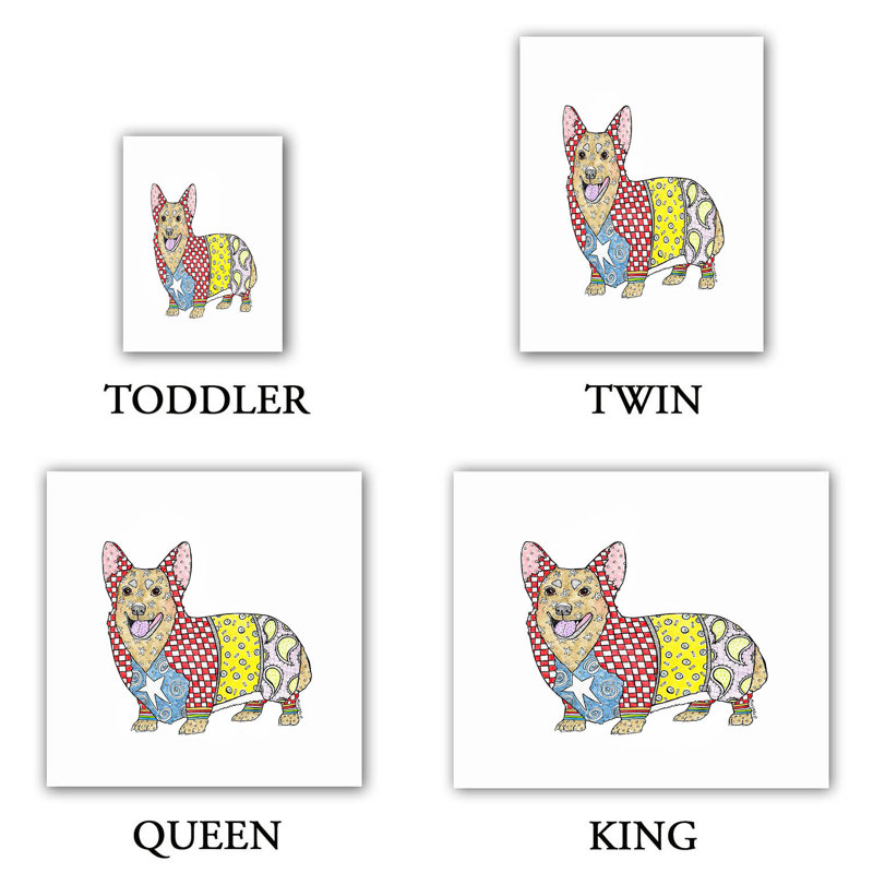 Ensemble de housse de couette corgi dog, 1 housse de couette grand + 2 taies standards, Blanc / rouge / jaune