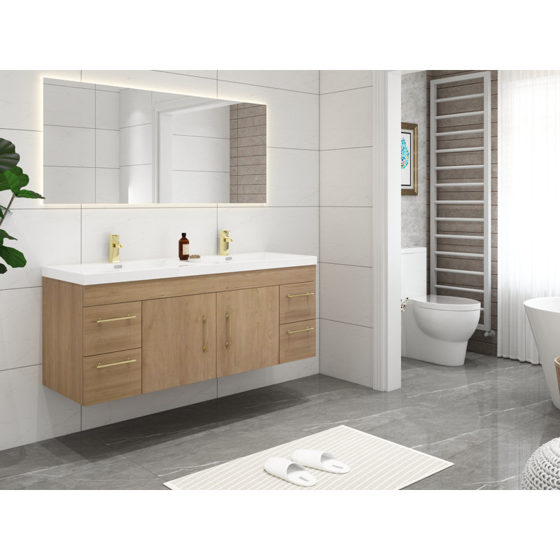 Meuble-lavabo mural double 59 po Romer, Blanc/chêne, Or