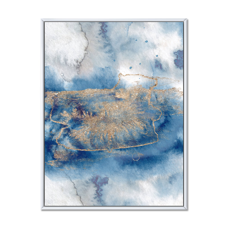 Abstrait classique bleu et or I - peinture sur toile, H 20 po x l 12 po, Cadre flottant blanc