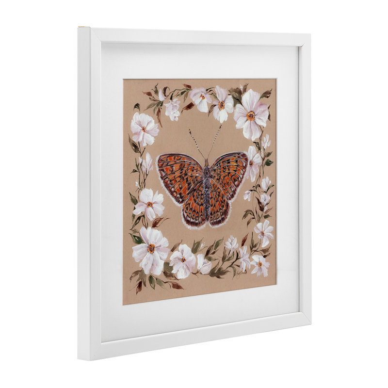 Papillon rétro avec bordure en fleurs, reproduction encadrée sous verre, conception de Cady, H 13 po x l 13 po